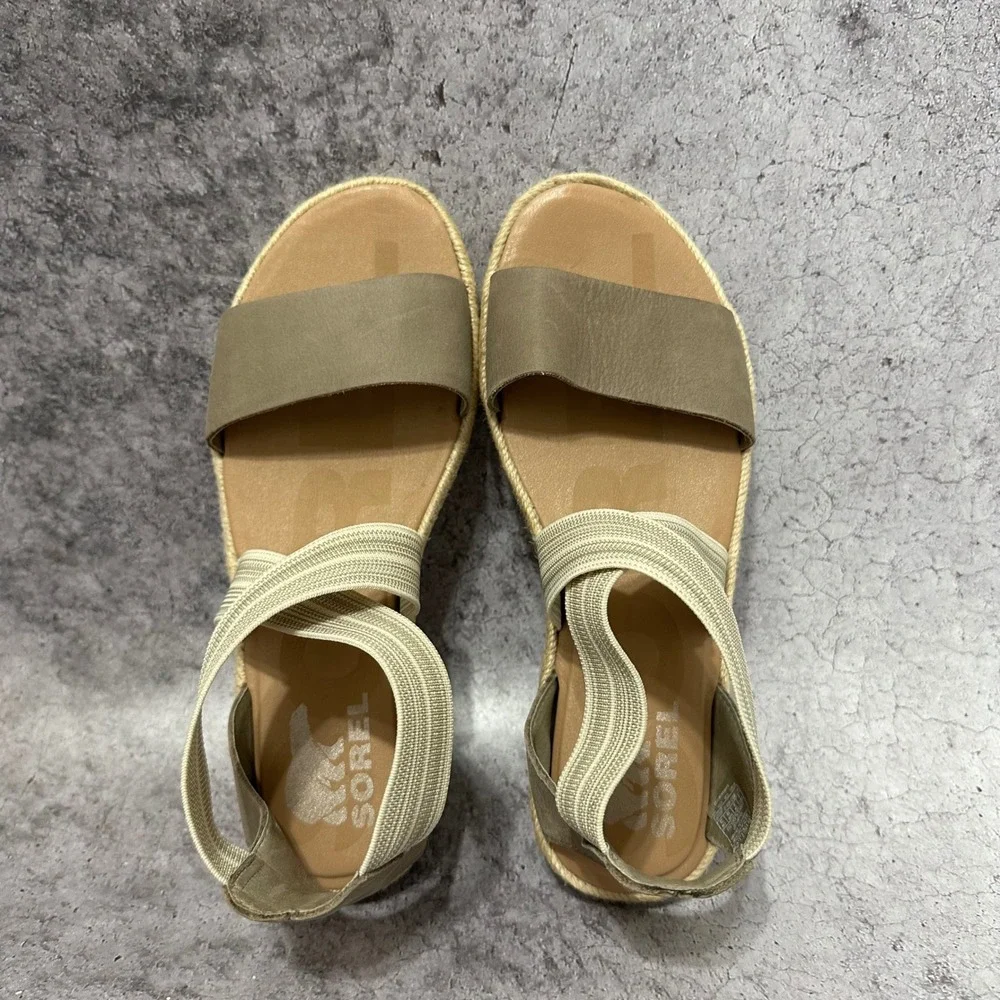 Sorel Ella II Sandal Womens 8 Khaki II Crisscross Elastic Strap Suede Espadrille
